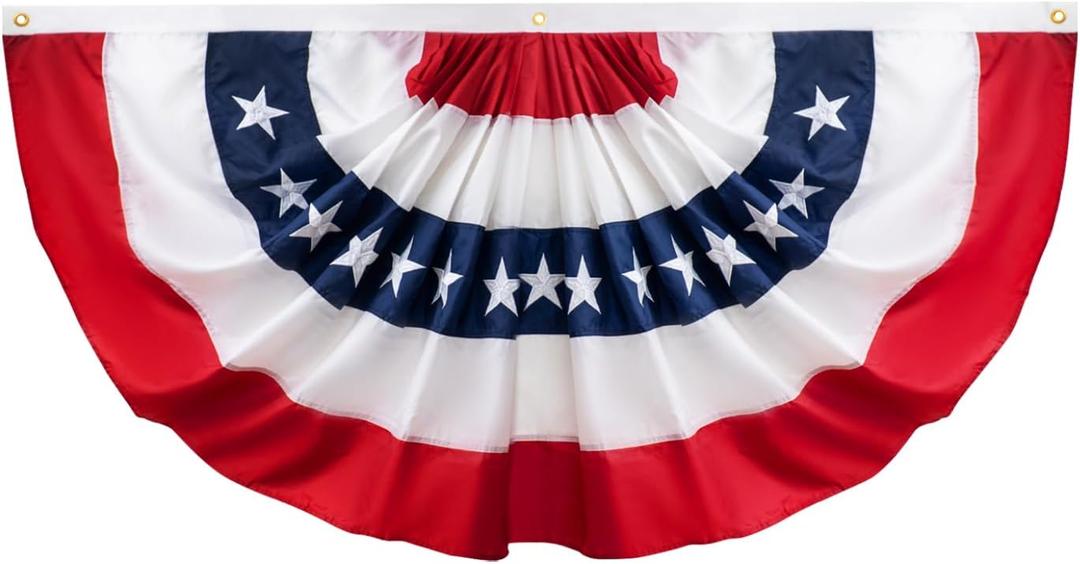 JRED Bunting American Flags 5x10 FT, USA Pleated Fan Flags, Embroidered Patriotic Red White and Blue Banner, for 4th of July Memorial Day Indoor Outdoor Decoration
