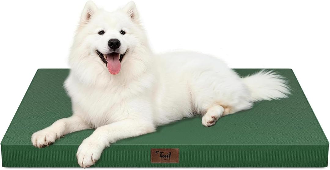 Outdoor Large Washable Dog Bed, Orthopedic Egg Crate Foam Dog Crate Mat for Large Dogs with Removable Oxford Cooling Cover, Dark Green (41.0"L x 27.0"W x 3.5"Th)