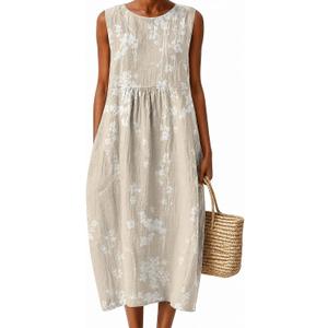 LOVESHOOT Womens Midi Dresses Summer Casual Sleeveless Crew Neck Floral A Line Sundress Boho Flowy Loose Dress (L)