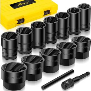 Topec Large Lug Nut Remover Socket Set 17-36mm, 1/2" Drive Wheel Lock Removal Tool, Heavy Duty Bolt Extractor Kit for Stripped, Damaged, Rounded Spindle Axle Nut, 14-Piece