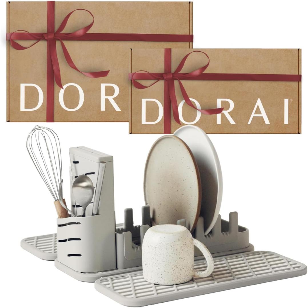 Dorai Home Collapsible Dish Drying Rack and Stone Pad  Foldable Rack with Instant - Dry Stone Mat  Space-Saving Dish Drainer for Kitchen Counter -19.9" x 15.2" (Sandstone)