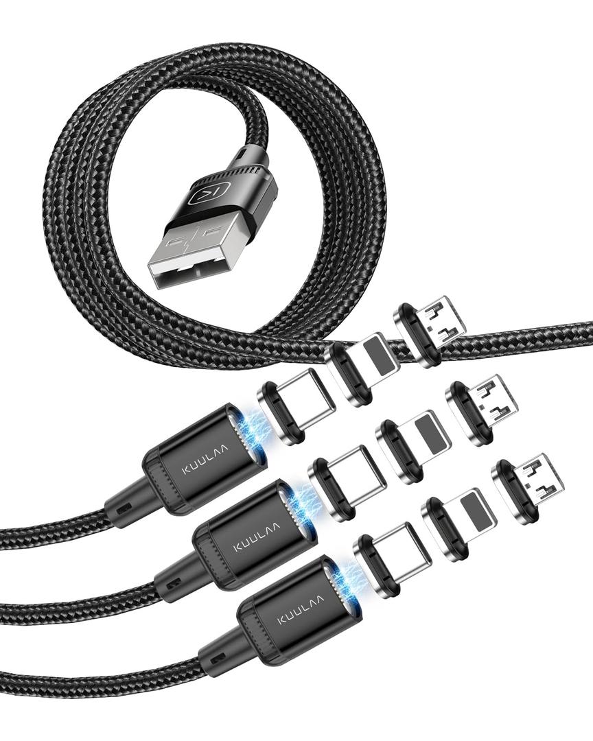 KUULAA 3Pack Magnetic Charging Cable USB C,3A Fast Charging/Data Transmission with 3 in 1 Charging Tips Nylon-Braided Phone Compatible for iProduct/Type C/Micro Device Black(3.3ft/6.6ft/6.6ft)