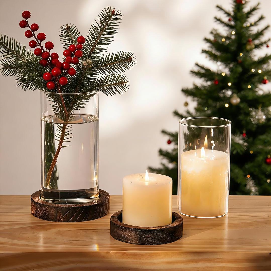 NUPTIO Hurricane Candle Holder for Centerpiece: Glass Pillar Candle Holder with Rustic Brown Wooden Plate - Set of 2 Floating Candles Cylinder Vase for Outdoor Wedding Table Decor