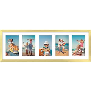 decorUhome 8x24 Picture Frames Collage Wall Decor, Display 5Pcs 4x6 Photos with Mat or 1Pcs 8x24 Unmatted, 5 4x6 Collage Picture Frames for Wall Mounting, Gold