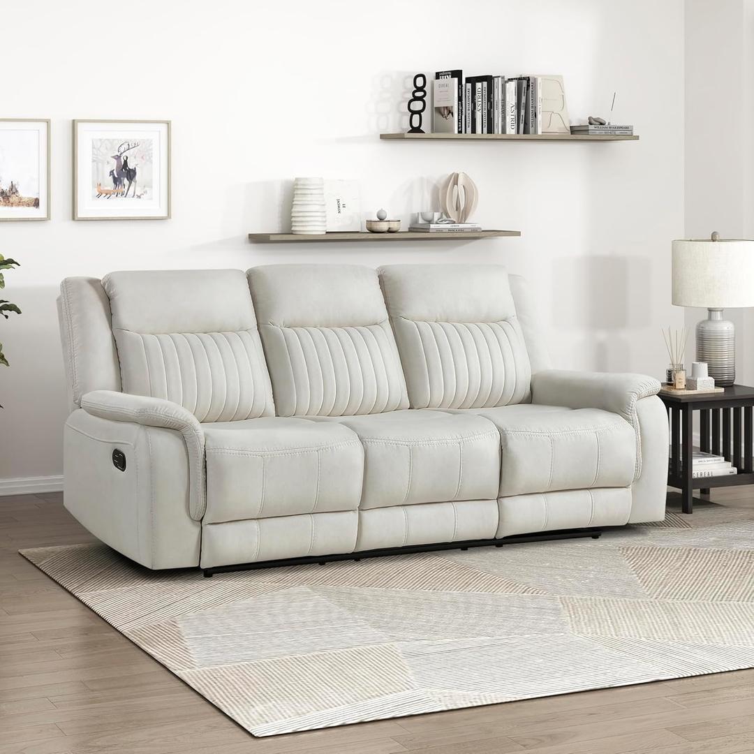 Lexicon Manual Double Reclining Sofa, Polished Microfiber Upholstered 3 Seater Manual Sofa Recliner for Living Room, Wall Hugger, Easy Assembly, Beige