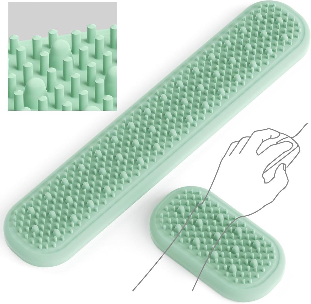ELETIUO Massage Wrist Rest Set for Keyboard and Mouse - Stress Relief Ergonomic Support with Acupressure Points, Non-Slip Honeycomb Base,Breathable Silicone for Office Gaming Typing Pain Relief,Green, 15.75 x 3.15 inches