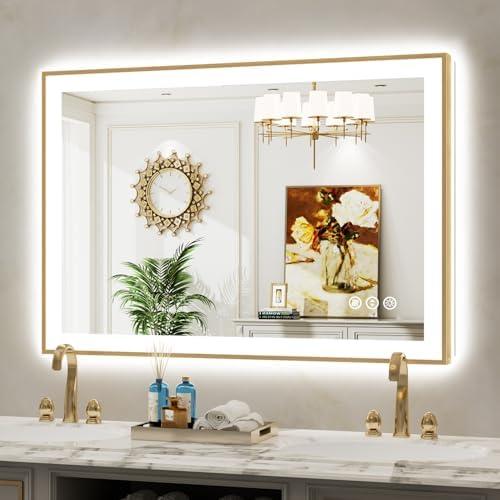 Amazon.com: YEELAIT 44x30 Inch LED Bathroom Mirror with Lights (Front Lit and Backlit) Gold Framed Lighted Vanity Mirror for Bathroom Wall Dimmable Anti-Fog Memory Tempered Glass Horizontal/Vertical : Home & Kitchen