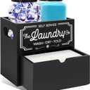 Laundry Pods Container, 7.8 x 5.1 x 6.7 Inches Wooden Dryer Sheet Container, Rustic Containers Storage Box, 2-Tier Storage Box with Drawer for Dryer Sheets and Pods (Black)