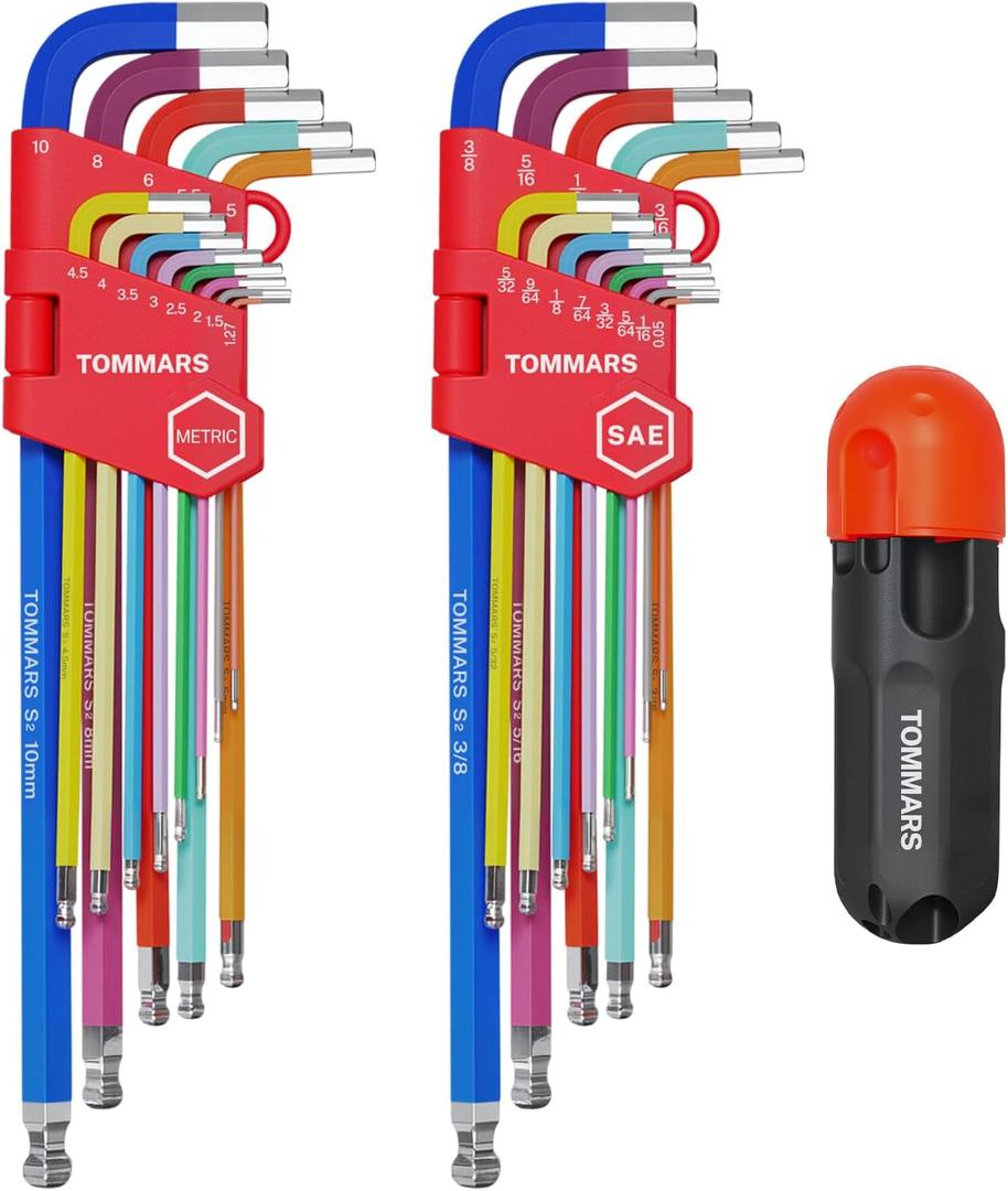 TOMMARS 26-PC Allen Wrenches Set Magnetic Ball End Extra Long Arm Allen Key Set With T-Handle Color Coded Hex Key Set SAE(0.05-3/8") Metric(1.27mm-10mm)