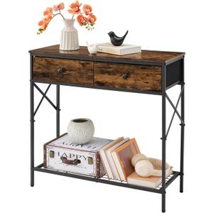 Tajsoon 31.5" Console Table with 2 Fabric Drawers, 2-Tier Small Entryway Table with Storage Shelves, Narrow Long Sofa Table for Entry Way, Hallway, Living Room, Kitchen, Rustic Brown