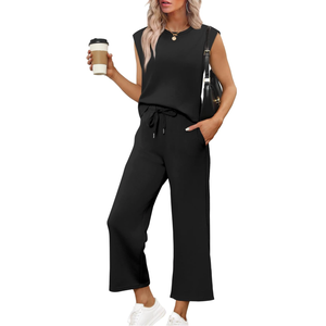 SAMPEEL Two Piece Sets for Women Casual Travel Vacation Outfits Summer Wide Leg Crop Pants Lounge Sets L