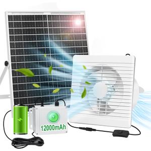 Solar Powered Fan with 24000mAh Battery Run Day/Night, 25W 9.8" Solar Fan for Chicken Coop with 2 Fan Speed/Timer, Waterproof Solar Greenhouse Fan for Shed, Chicken Coop, Greenhouse