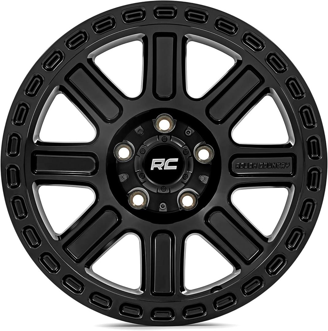 Rough Country 84 Series Wheel - 17 x 8.5, 5x4.5" Bolt Pattern, +0mm Offset, Gloss Black, 8-Spoke, Rugged One-Piece Aluminum Rim with Black Center Cap