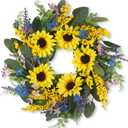 Wreaths for Spring and Summer 22 inch, Artificial Sunflower Wreath for Front Door with Green Leaves, Floral Wreath for Indoor and Outdoor