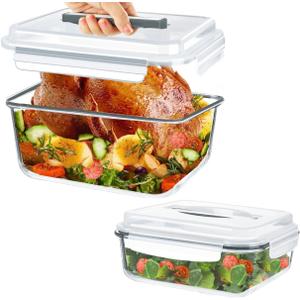 KOMUEE 220oz & 76.4oz Extra Large Glass Food Storage Containers with Airtight Lids, 2 Piece Big Glass Containers Set, Ideal for Storing Rotisserie Chicken, Lasagna,Salads,Fruits, Leak-proof & BPA-Free (Light Gray)