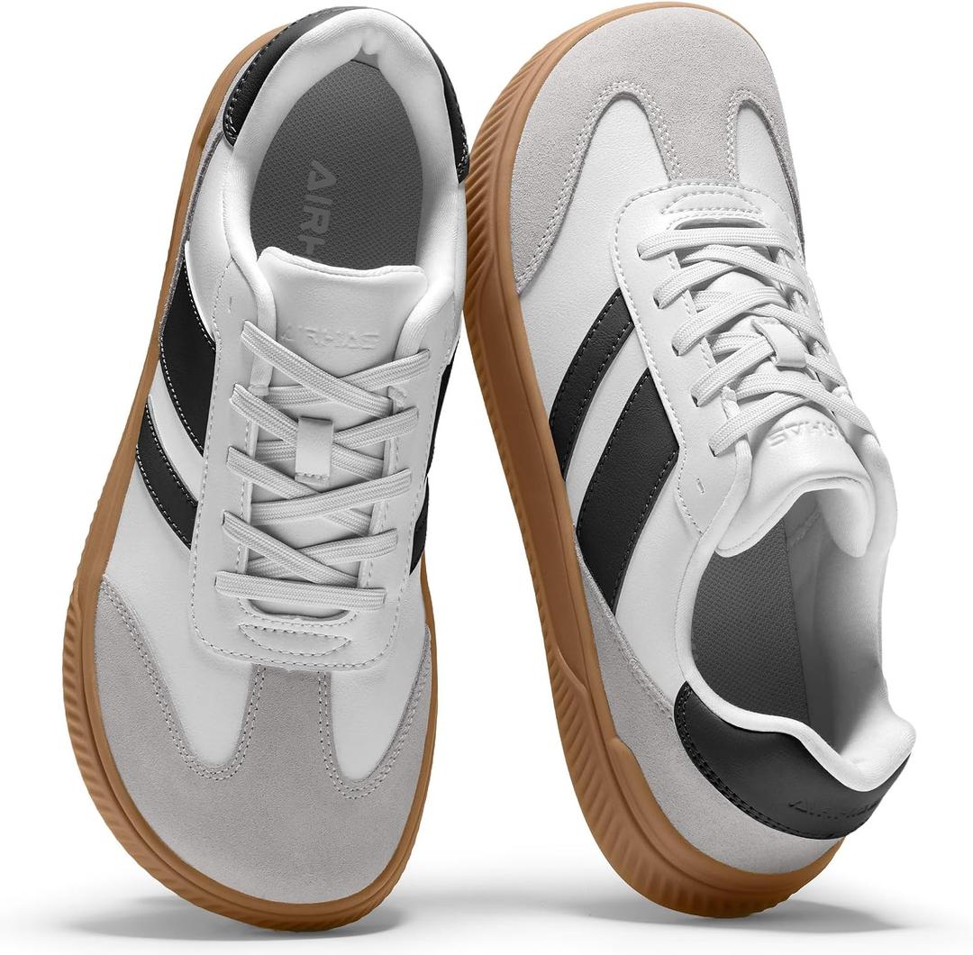AIRHAS Womens Wide Toe Box Barefoot Shoes Fashion Zero Drop Sneakers for Women Walking Vegan Leather Minimalist Shoes(White/ Black, 9.0)