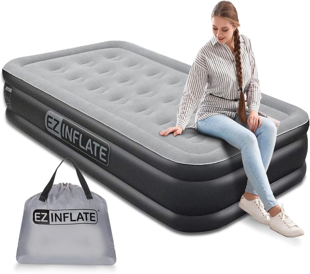 EZ INFLATE Double High Luxury Air Mattress with Built in Pump, Inflatable Mattress (16" Twin Size)