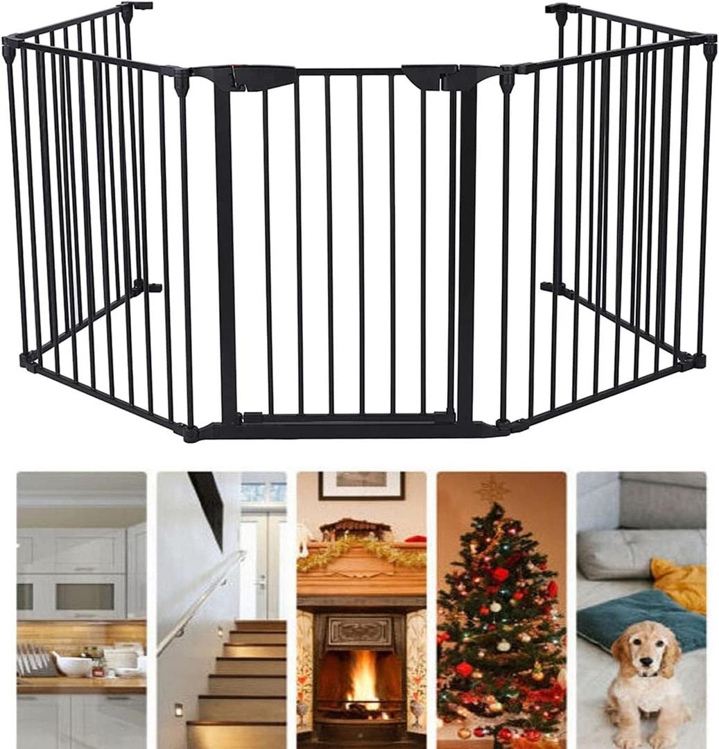 MYOYAY Dog Gate 5 Panel,118" Wide & 30" Tall Safety Gate Metal Fireplace Fence Dog playpen Stair Gate Garage Fences Stairway Barrier with Safety-Lock Wall Mounted Freestanding(Black)