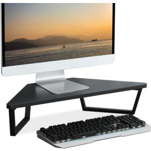 TEAMIX 26 inch Triangle Monitor Stand Riser, Desktop Corner Shelf with Metal Leg Wood Computer Stand with Storage Laptop Riser Office Organization (Black)