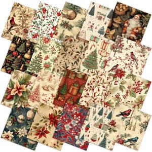 60 Pcs 10 x 10 Inch Vintage Christmas Quilting Fabric Rustic Christmas Fat Squares Patchwork Precut Strips Santa Claus Red Cardinal Fabric Bundles for Xmas Quilting Crafting DIY Craft Sewing
