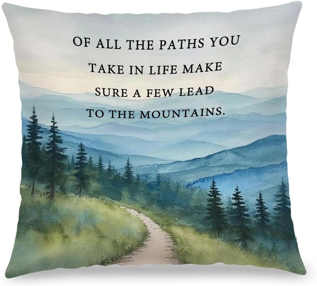 Watercolour Mountain Nature Forest Inspirational Pillow Covers 18x18, Rustic of All The Paths You Take in Life Decorative Throw Pillow Covers for Home Bedroom Living Room
