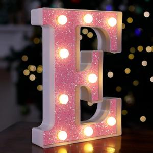 LED Letter Lights Pink Glitter Marquee Letters Light Up Alphabet Letters Sign Battery Powered for Home Party Decoration Night Bar Wedding Birthday Christmas Lamp Girls Gift - Letter E