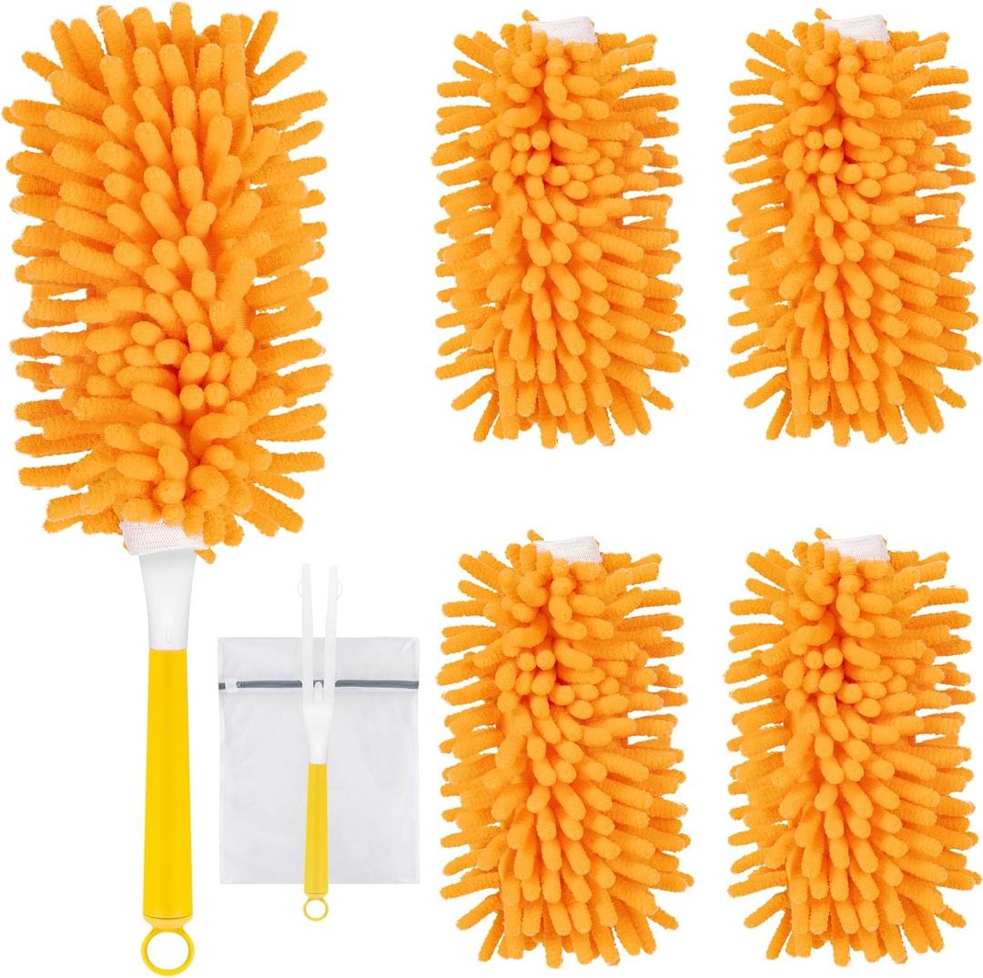 4 Pack Reusable Duster Refills Compatible with Swiffer Hand Duster, Washable Microfiber 360 Heavy Duty Dusters Refills for Dusting Cleaning(Include 1 Handle & Laundry Bag)
