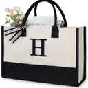 TOPDesign Personalized Initial Canvas Beach Bag, Monogrammed Gift Tote Bag for Women (Black & White)
