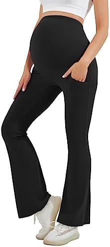 Women's Maternity Flare Leggings Over The Belly - Casual Pregnancy Yoga Pants with Pockets Buttery Soft XL