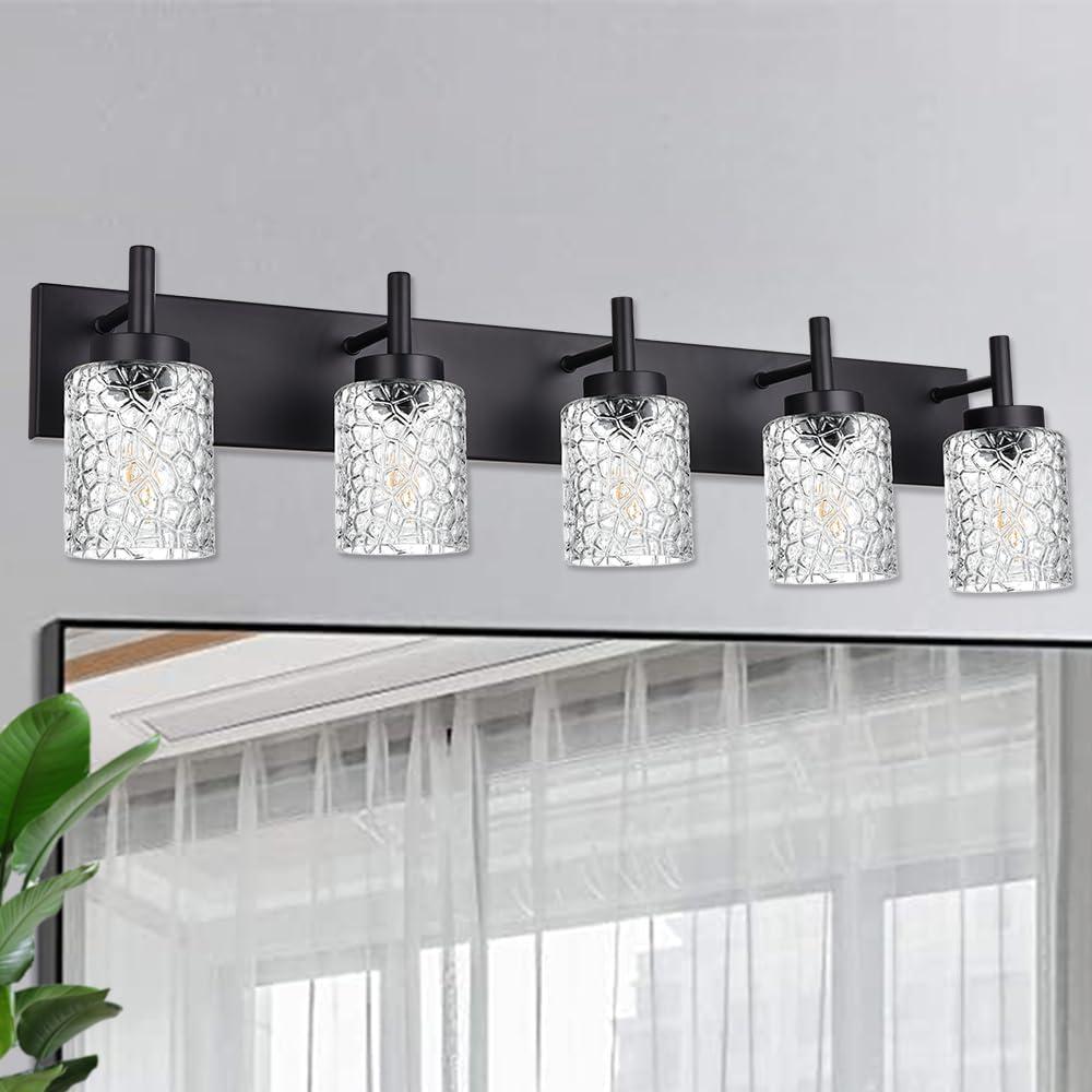 VINLUZ 5 Light Metal Vanity Wall Mounted Bathroom Lighting Fixture in Classic Matte Black with Clear Glass Shades for Hallway
