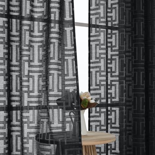 OWENIE Black Sheer Curtains 72 Inches Long 2 Panels Set, Lightweight Solid Clip Jacquard Geometric Door Curtain Semi Sheer, Dual Rod Pocket Curtains Drapes for Bedroom Living Room, 42Wx72L Inch