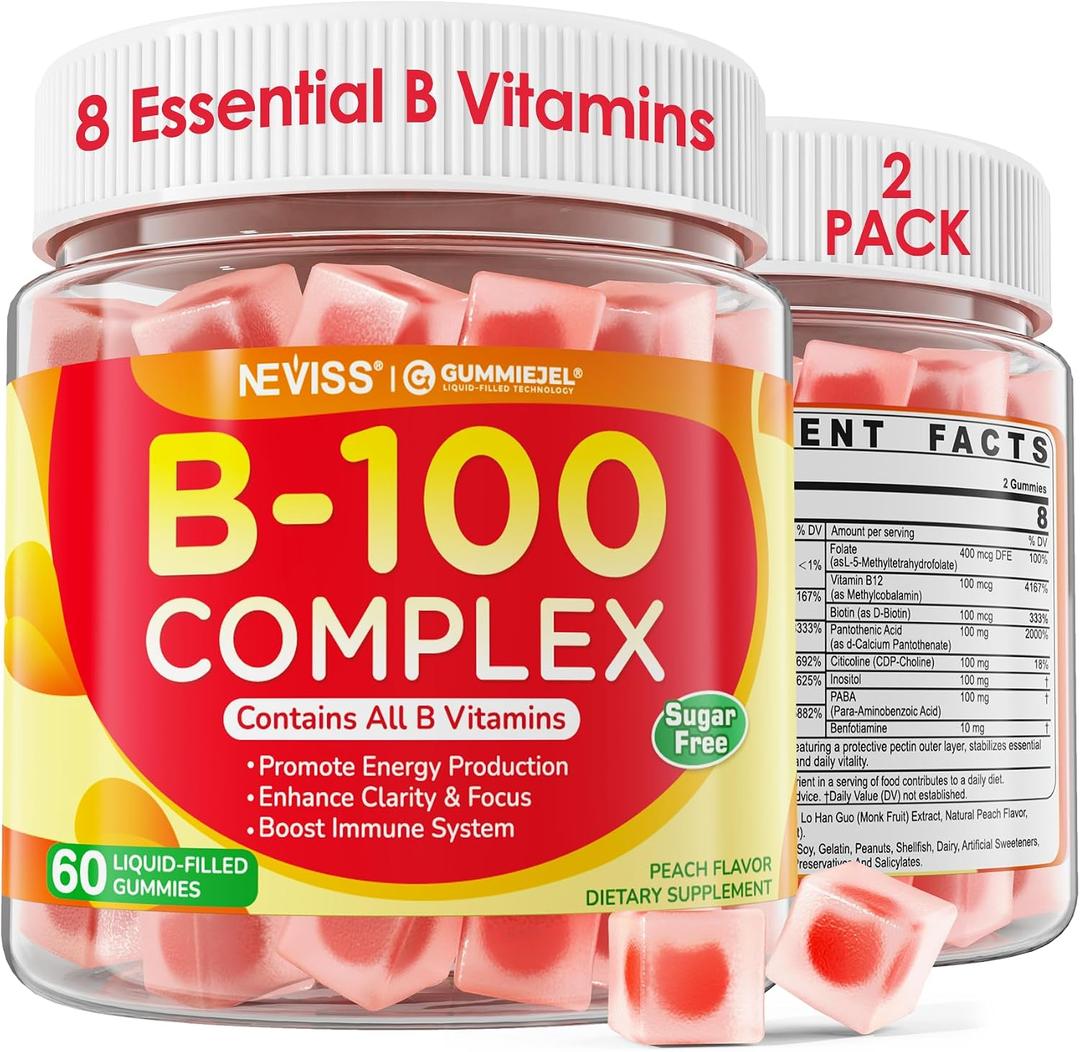 2 Pack Super Vitamin B Complex Gummies - Methylated B Complex for Women & Men, All B Vitamins, Methyl B12, Methylfolate, Vitamin C, Choline, Inositol, PABA for Energy, Brain & Immune, 0g Sugar, Vegan