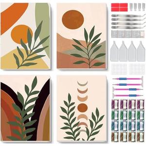 Tiwabb 4 Pack Bohemian Style Diamond Painting Kits for Adults with Framed - Mountain Moon Leaves Diamond Art Kits for Adults DIY 5D Round Full Drill Gem Art and Crafts for Home Decor 7.8x11.8in