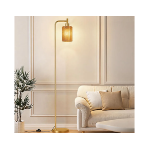Floor Lamps for Living Room - Modern Standing Lamp with Rattan Shade, Gold Floor Lamp with LED Bulb, Farmhouse Tall Lamp for Bedroom Office, Gold