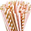 ALINK Biodegradable Paper Straws, 100 Pink and Gold Straws for Party Supplies, Birthday, Wedding, Bridal/Baby Shower, Christmas Decorations and Holiday Celebrations