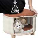 Superpower Bearing Capacity Solid Wood Cat House Stool- Large Cat Cave for Indoor Cats and People, with Fluffy Ball Hanging and Removable Scratch Pad, Support 300 Pounds,16.1x16.1x8.3 inches, Brown
