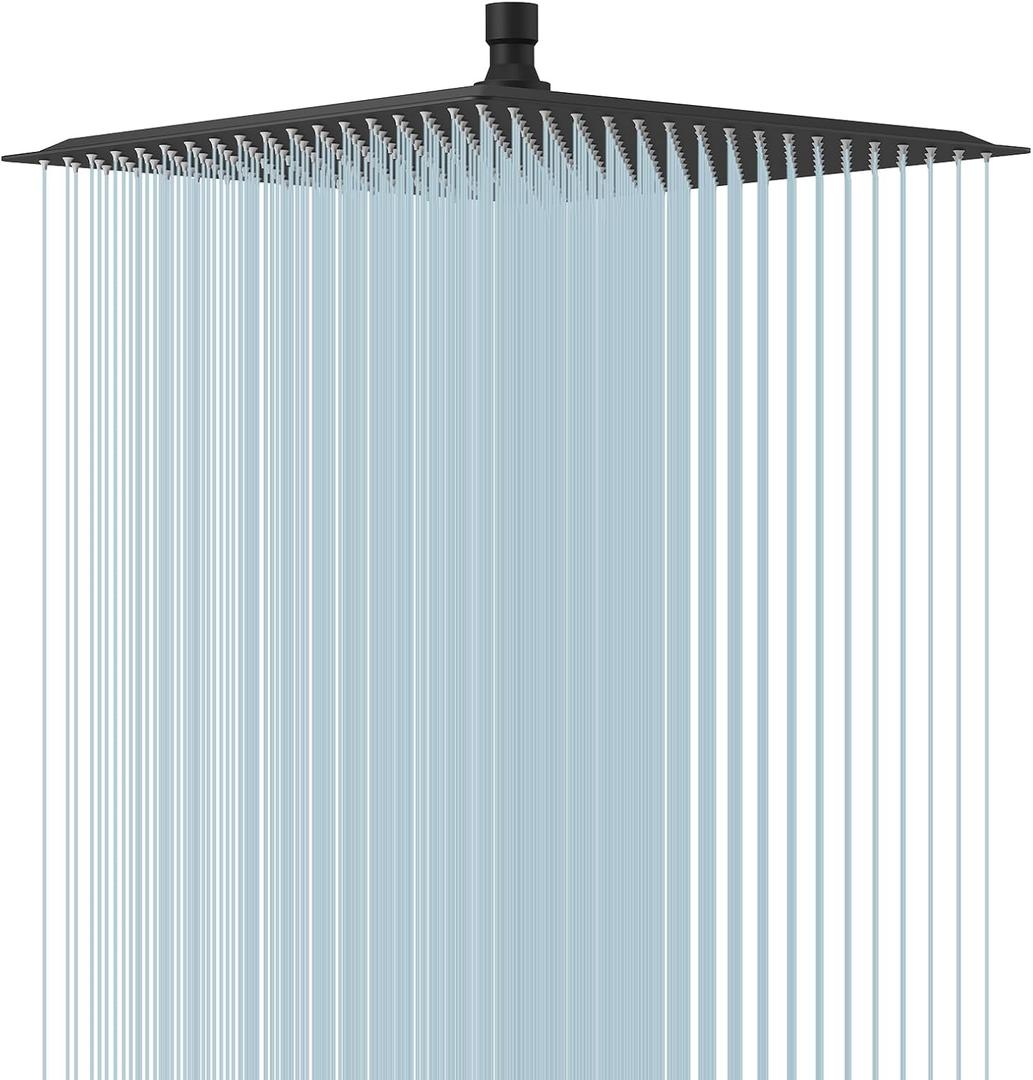 BESy 16 Inch Rain Shower Head, 16" Square Rainfall & High Pressure Stainless Steel Bath Showerhead, 1/16" Ultra Thin, Waterfall Full Body Coverage with Silicone Nozzle, Matte Black Finish