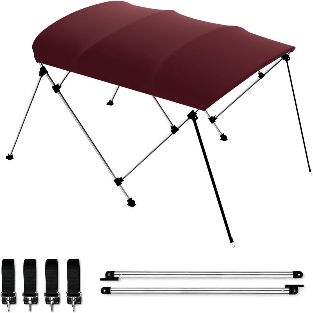 Bimini Boat Top Cover Sun Shade 3-4 Bow Boat Canopy Includes 4 Straps 2 Rear Support Poles Mounting Hardwares Storage Boot with 1" Aluminum Frame (Burgundy, 4 Bow 8'L x 54" H x 91"-96" W)