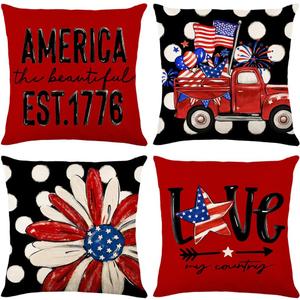 4th of July Pillow Covers 16x16 Set of 4 Patriotic American Star Flower Truck Outdoor Decorative Pillow Covers Fourth of July Cushion Case Independence Memorial Day Home Sofa Porch Decoration