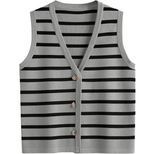 LILLUSORY Vest Tops for Women 2025 Fall Outfits Striped Sweaters Button Up Casual Shirts Blouses Jacket Fashion Clothes (X-Small, Grey_black)