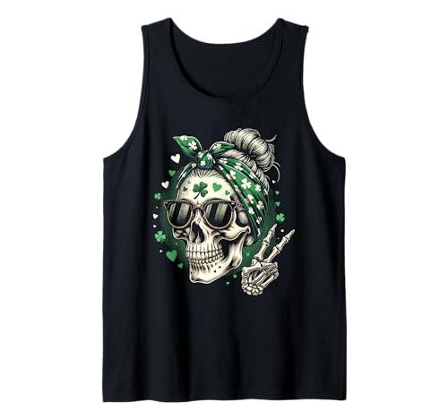 St Patricks Day Skull Messy Bun Peace Women St. Pattys Day Tank Top, 2XL