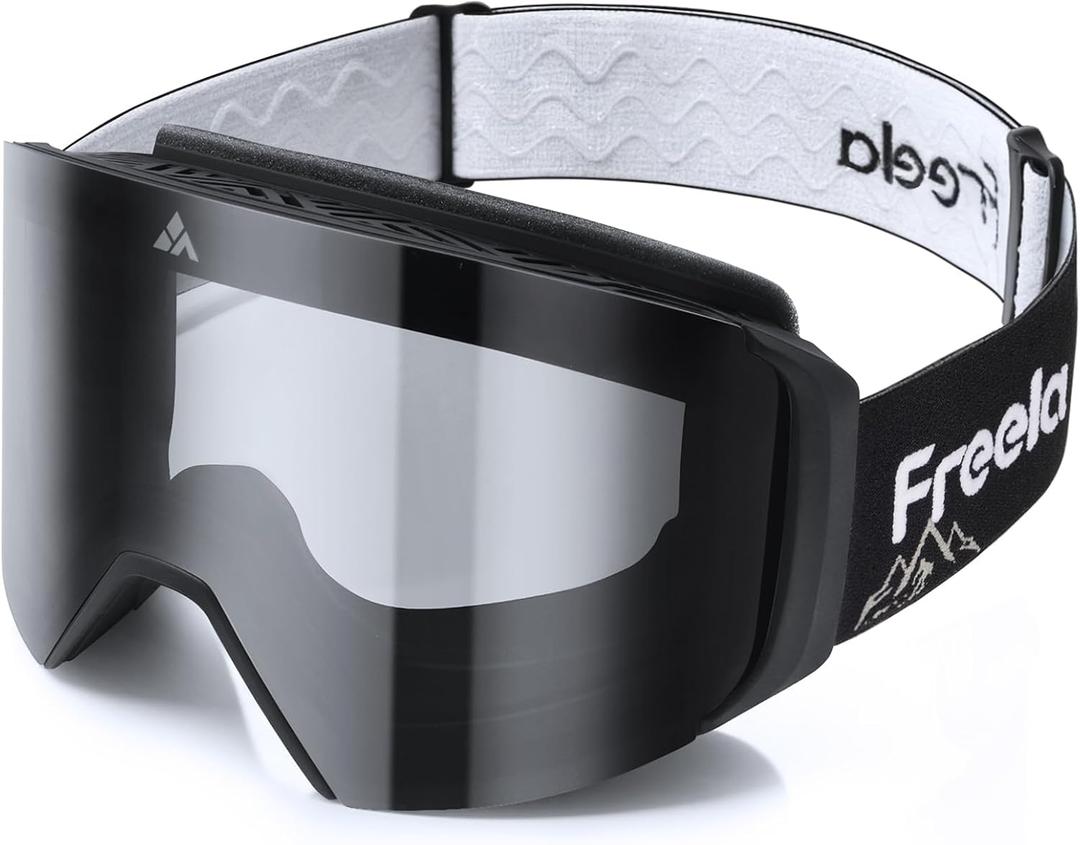 Freela Ski Goggles- Frameless, Magnetic OTG Snow Goggles Interchangeable Lens UV400 Protection Anti-Fog for Adult Men Women (Grey Lens Vlt 28%)