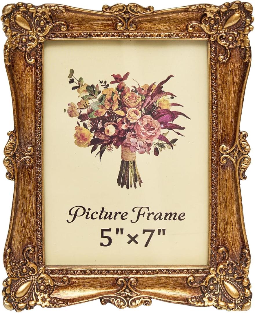 Vintage Picture Frame 5x7 Inch, Antique Ornate Photo Frames with Glass Front, Tabletop & Wall Hanging, Photo Display, Gift Ideas, Gold