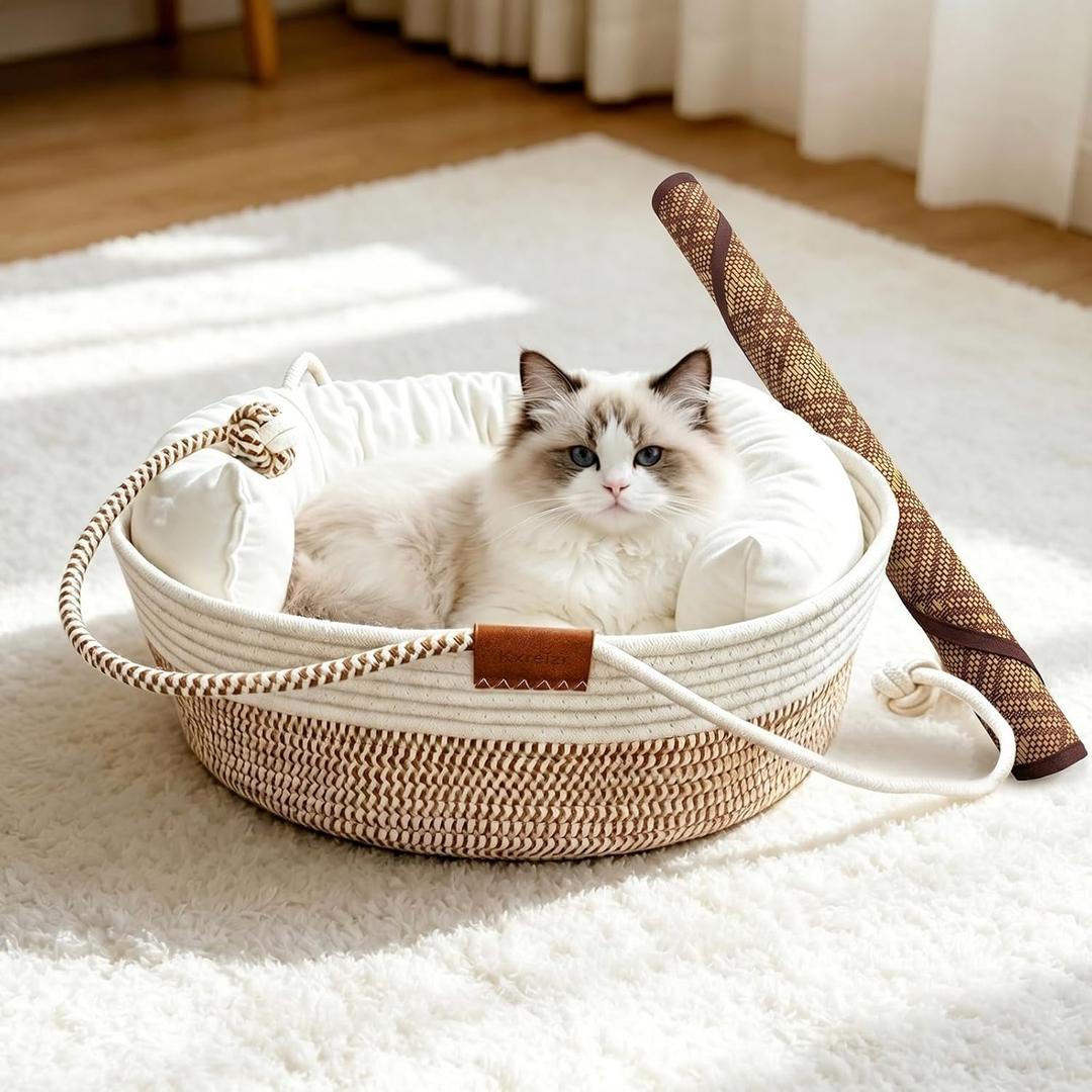 18 Inch Cat Bed Basket, Cotton Rope Woven Pet Bed with Cushion and Cooling Pad, Handwoven Breathable Cat Bed for Medium & Large Pet, All-Season Universal, Khaki