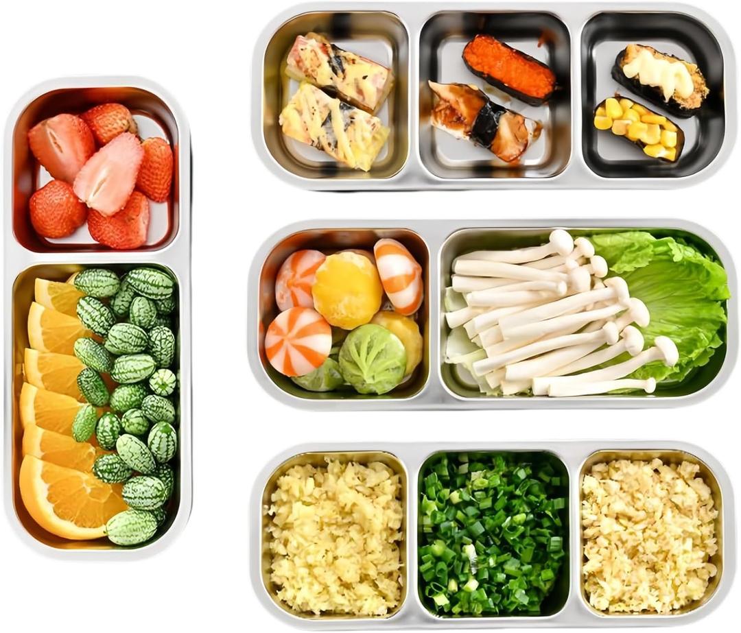 2 Pack Stainless Steel Snack Containers, Reusable Steel Snack Containers With Lids, 2&3 Compartments Leak Proof Metal Lunch Box For Home, Travel