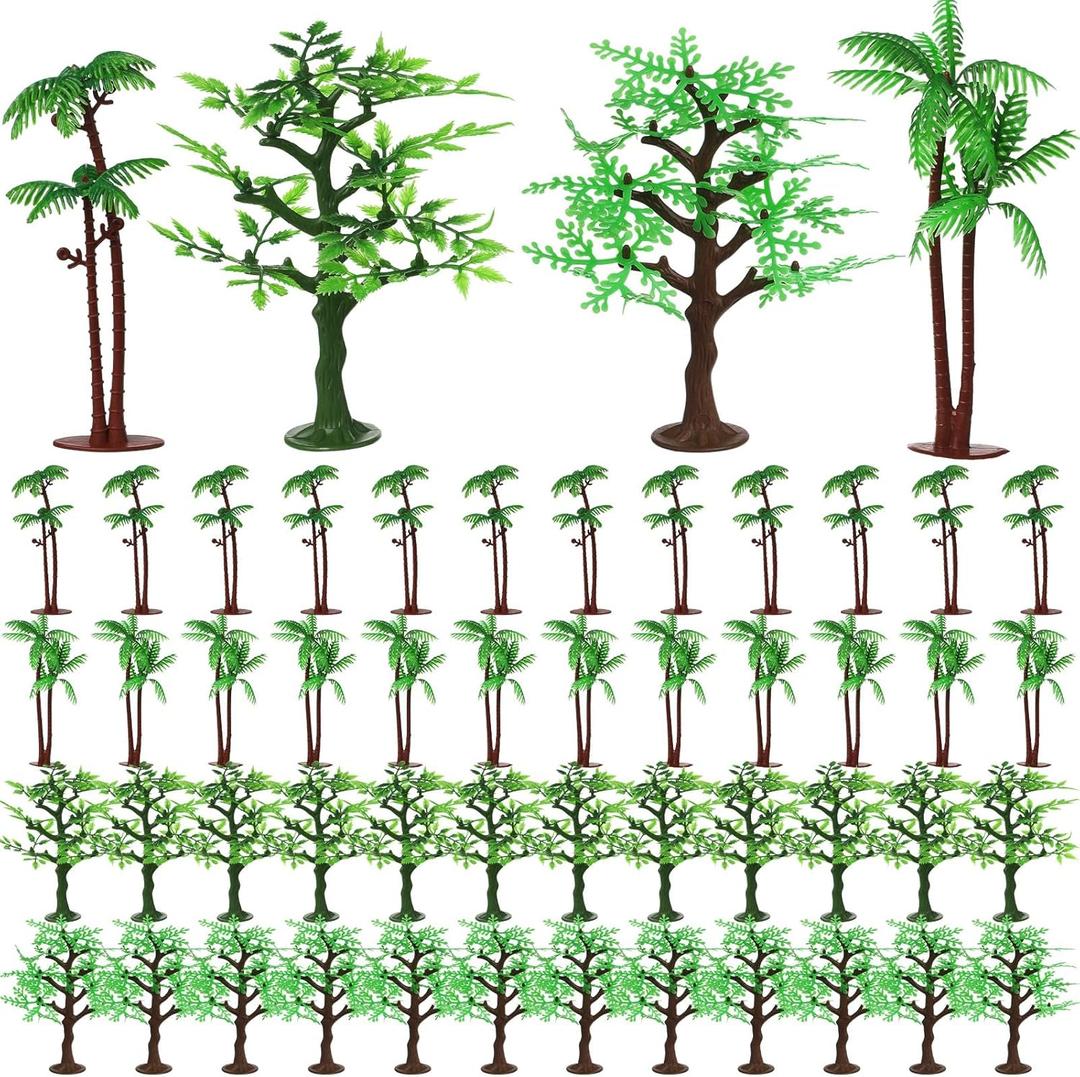 Janinka 24 Pcs Mini Toy Jungle Trees Plastic Model Coconut Trees Figurines with Base Cake Decoration Rainforest Diorama Supplies Scenery Architecture for Craft, Building, Scenery Landscape, 4 Styles