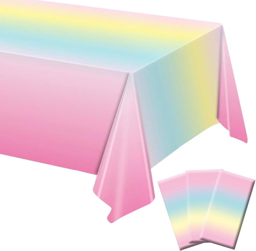 3 Pack Rainbow Tablecloth, Pastel Table Cloths for Parties Rainbow Princess Plastic Table Cloth Birthday Party Colorful Disposable Tablecloth for Pastel Birthday Party Decorations 54x108 Inch