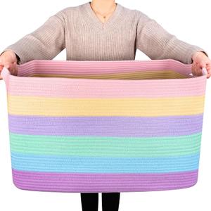 MINTWOOD Design 22in Extra Large Blanket Basket Holder Living Room, Rectangle Rope Woven Storage Basket with Handles for Laundry, Pool Towels, and Shoes, Dog Toy Organizer Bin Box, Pastel Rainbow