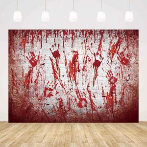 7x5ft Halloween Bloody White Brick Wall Backdrop Handprint Bloodstain Photography Background Scary Blood Splatter Horrible Halloween Party Decorations Banner Photo Props