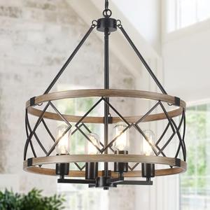 Farmhouse Chandelier for Dining Room 4-Light Rustic Chandeliers Imitation Wood Grain Pendant Light Fixture Modern Industrial Chandelier for Kitchen Island Entryway Foyer Bedroom Hallway，E26 Metal